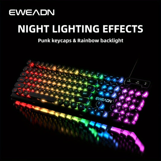 EWEADN GX330 Wired Gaming Keyboard with Retro Punk Style, RGB LED Backlit, Ergonomic Design, 104 Keys, USB Powered, Ideal for Gaming & Office Use.