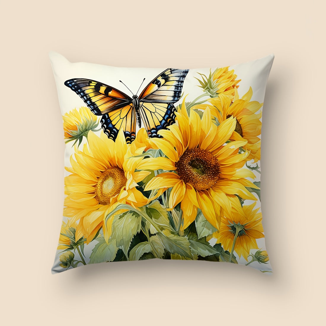 One piece of Sunflower Butterfly Design throw pillow cover made of Peach Skin Velvet material, measuring 45x45cm. Perfect for decorating your car, living room sofa, bedroom, or bedside backrest. Features a single side print design. Pillow inner not