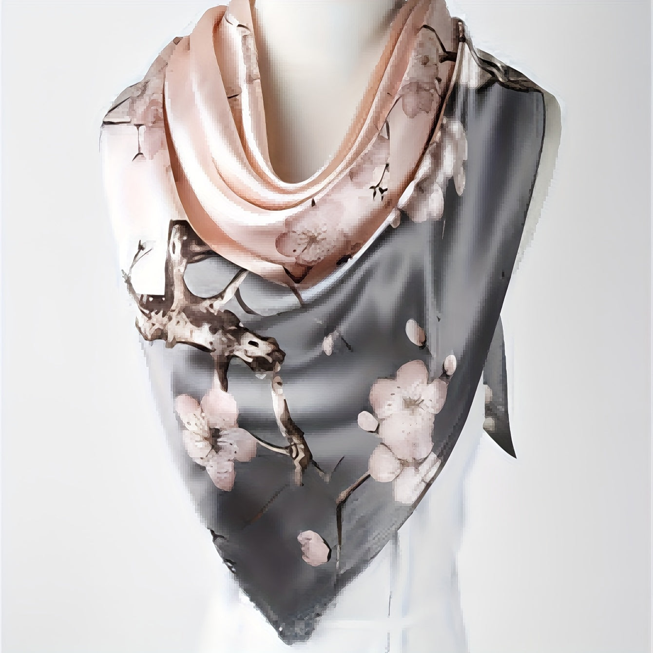 Floral printed scarf for women, soft satin finish, lightweight, stylish shawl in pink with deer and bird design. Perfect for casual outings, sun protection, and artistic style.