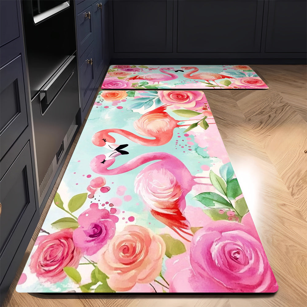 1 Piece Vibrant Flamingo & Floral Design Anti-Slip Floor Mat - Made of 100% Polyester, Machine Washable & Highly Absorbent - Perfect for Use in Kitchens, Laundry Rooms, and Living Areas - Washable Area Rug