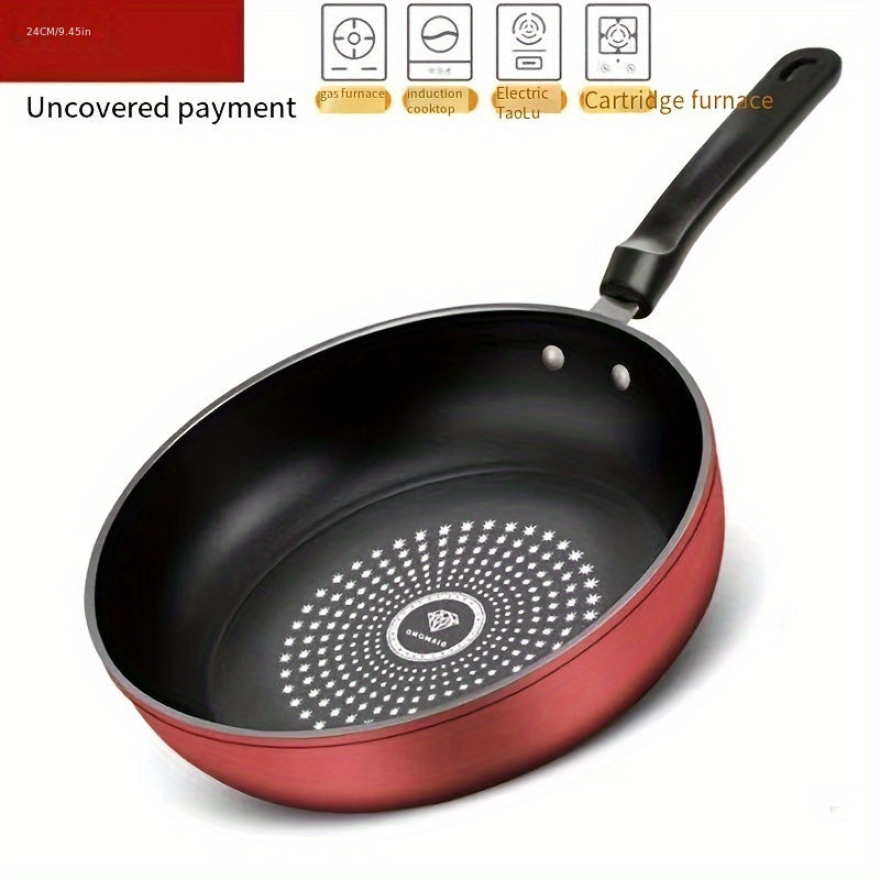 The 9.5-Inch Non-Stick Skillet features a durable cast iron handle, is dishwasher safe, and comes with a lid. It is suitable for smooth-top and induction cookers, and utilizes German Non-Stick Technology for versatile cooking options such as frying