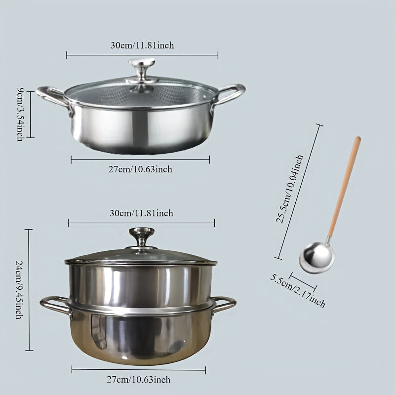 Набор из 2-4 кастрюль с антипригарным покрытием из нержавеющей стали Honeycomb с 2-слойным пароваркой большого объема, совместимый с индукционной плитой и газовой плитой