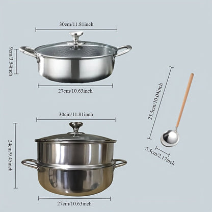 Набор из 2-4 кастрюль с антипригарным покрытием из нержавеющей стали Honeycomb с 2-слойным пароваркой большого объема, совместимый с индукционной плитой и газовой плитой