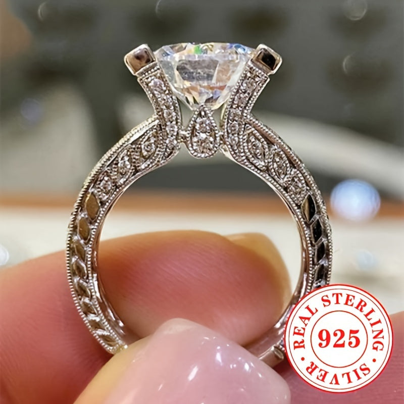 Luxurious and Elegant 925 Sterling Silver Ring with 10.7g of Four-Prong Set Synthetic Zirconia, April Birthstone. Perfect for Weddings, Banquets, and as a Valentine's Day Gift. Suitable for All Seasons.