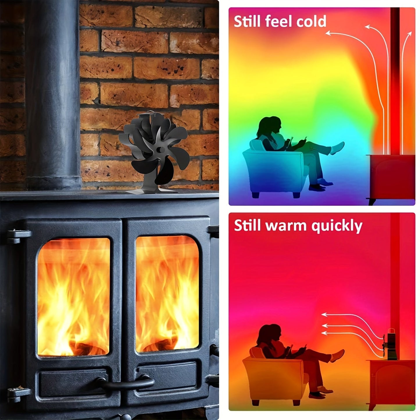 Efficient Heat Circulation in Wood Burning Fireplaces with our Quiet 6-Blade Stove Fan - Powered by Heat