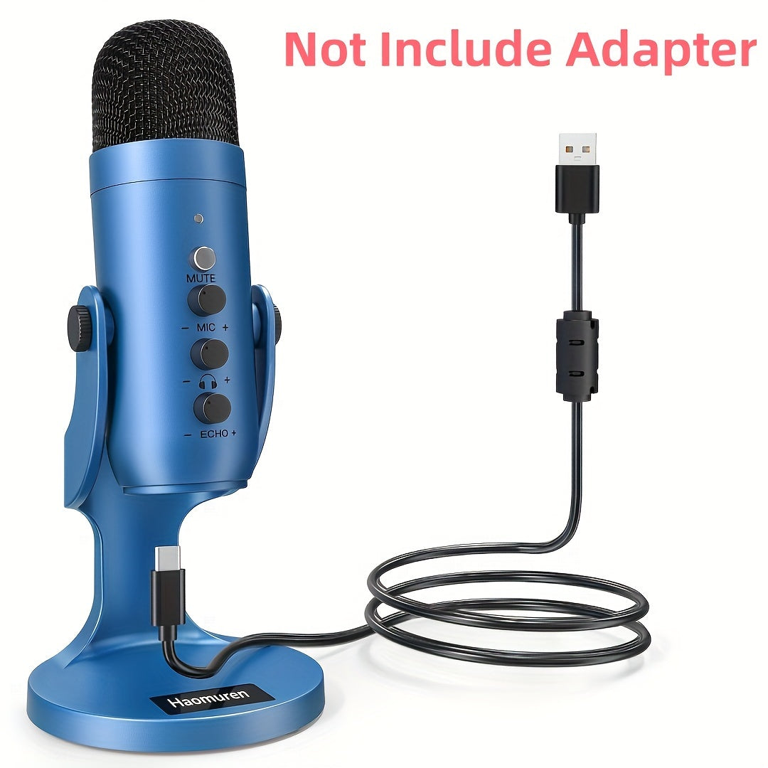 USB condenser microphone with volume and gain control, clear sound for podcasting, gaming, and streaming. Compatible with PS4/5, Mac, and Windows. Includes cable, windscreen, stand, and