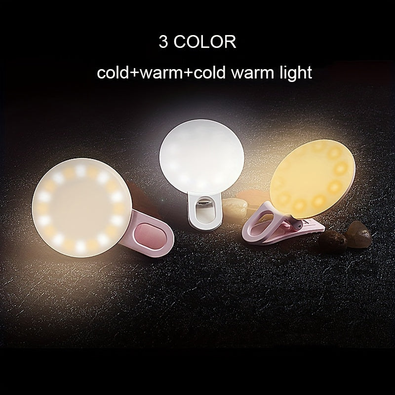 Clip-on professional LED ring light with 3 color modes for smartphone selfies, with warm and white light options.