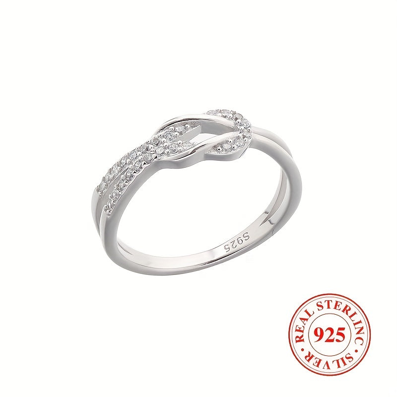 S925 sterling silver ring featuring a zirconia inlaid knot design, perfect for engagement, weddings, or as a stylish accessory for female party-goers.