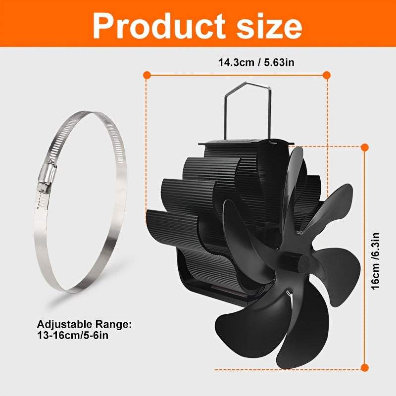 Wall Mounted Heat Powered Stove Chimney Fan, Black, Aluminum Alloy Construction, 6-leaf Design, Wood Burning Stove Top Fan for Air Circulation, Accelerates Heating Without Electricity, Adjustable Iron Ring Included