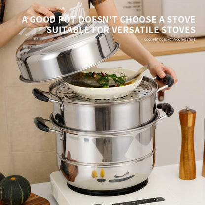 The Stainless Steel 3-Tier Steamer Set features 4 pieces and a versatile double boiler design with a thick durable construction for even heat distribution. It includes a soup pot, steaming tray, steamer insert, and lid, perfect for cooking dumplings