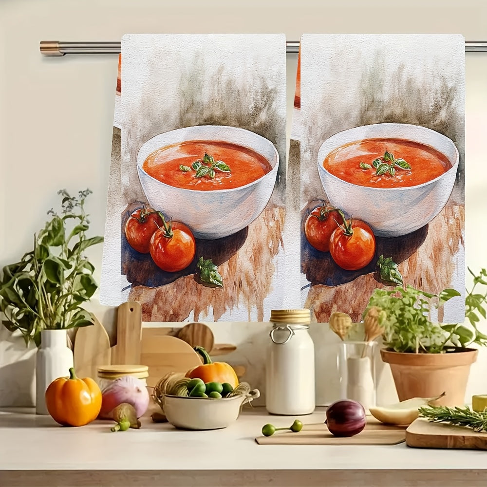 Get 2-piece Ultra Soft Kitchen Towels - Made of Highly Absorbent Polyester, these Machine Washable Dish Hand Towels feature a Tomato Soup & Basil Design. Measuring 40.64x60.96 cm, they are Perfect for Holiday Decor and Dish Towels.