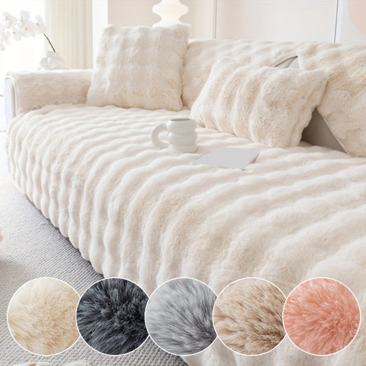 Winter plush faux fur sofa cover for pet-friendly non-slip protection, suitable for sofas up to 4 seats. Machine-washable polyester slipcover for home and office decor, making a cozy Christmas gift.