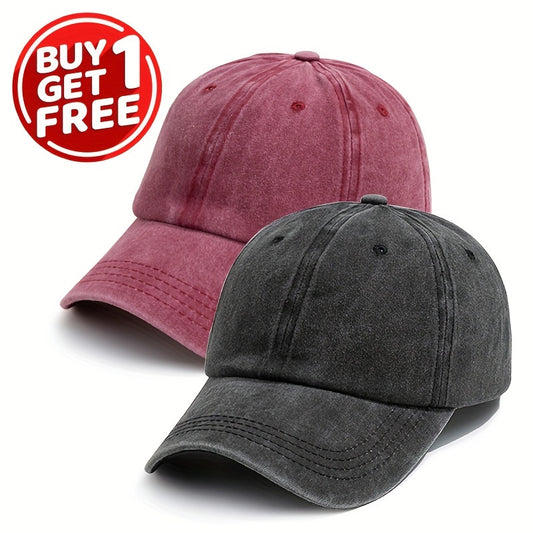 Unisex Solid Color Washed Vintage Soft Top Baseball Caps on Buy One Get One Free offer, suitable for men and women, adjustable for all seasons and everyday wear.