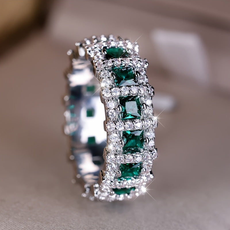 Vintage Boho Style Eternity Band Ring featuring Green zirconia Stones, made of Copper with No Plating - Perfect for Weddings, Engagements, Banquets, or as a Fashion Statement.