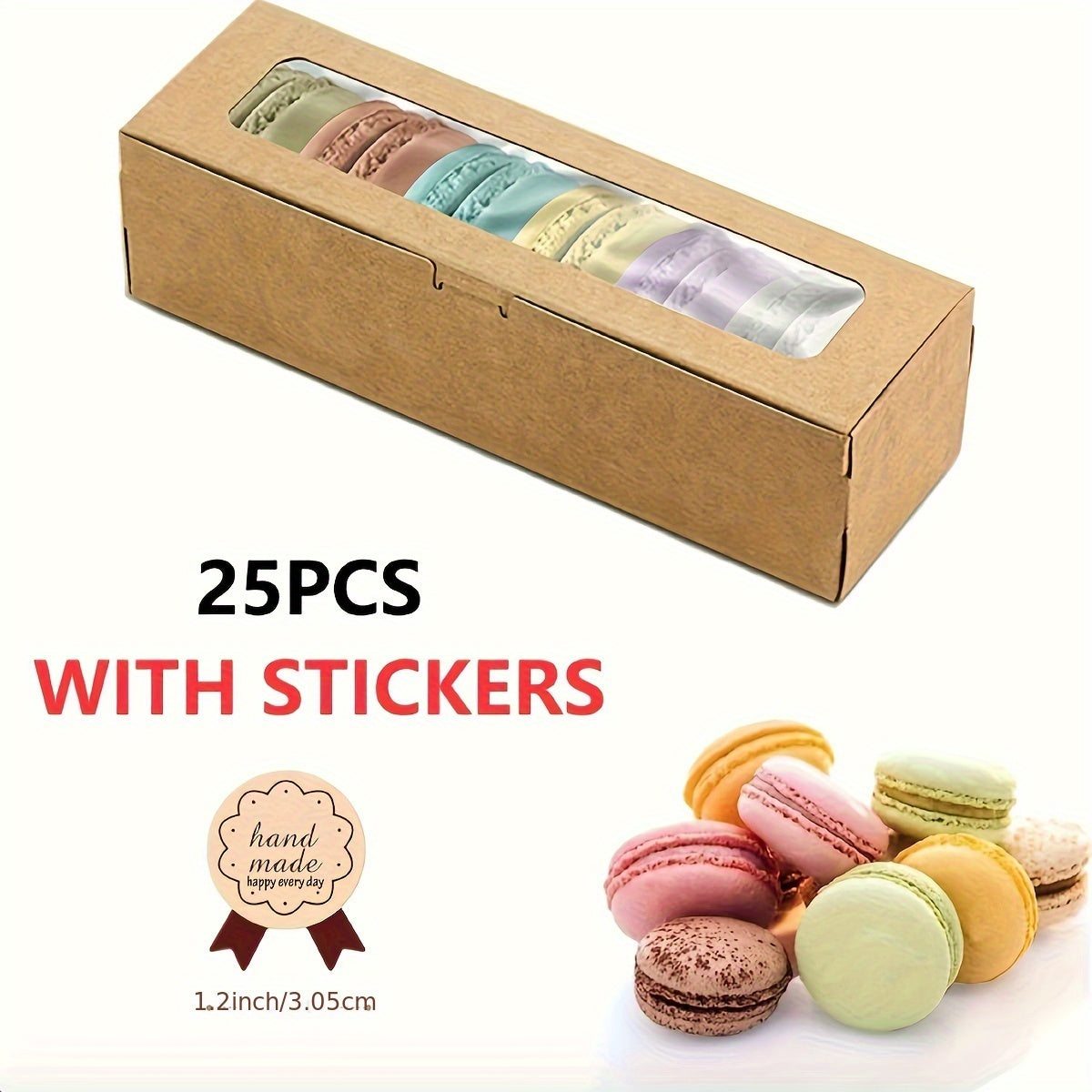 Pack of 25 Disposable Paper Pastry Containers with Flip Top lids for 6-8 Macarons. Made of food-grade material, perfect for holiday gift packaging for Christmas, Halloween, and Easter. Ideal for home baking and restaurants.