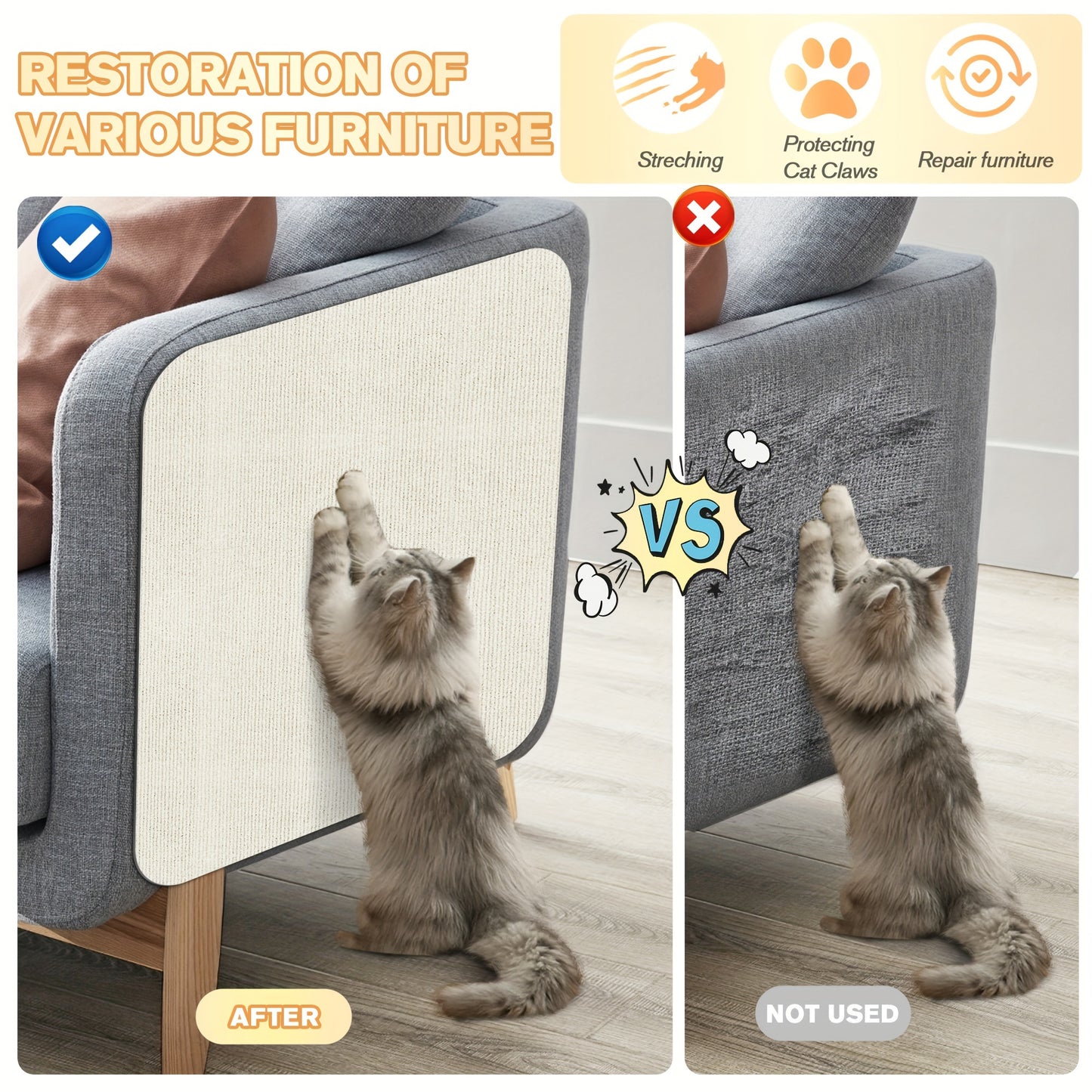 Durable cat scratching mat made of long-lasting polyester, easy to install and customizable for furniture protection and claw care.