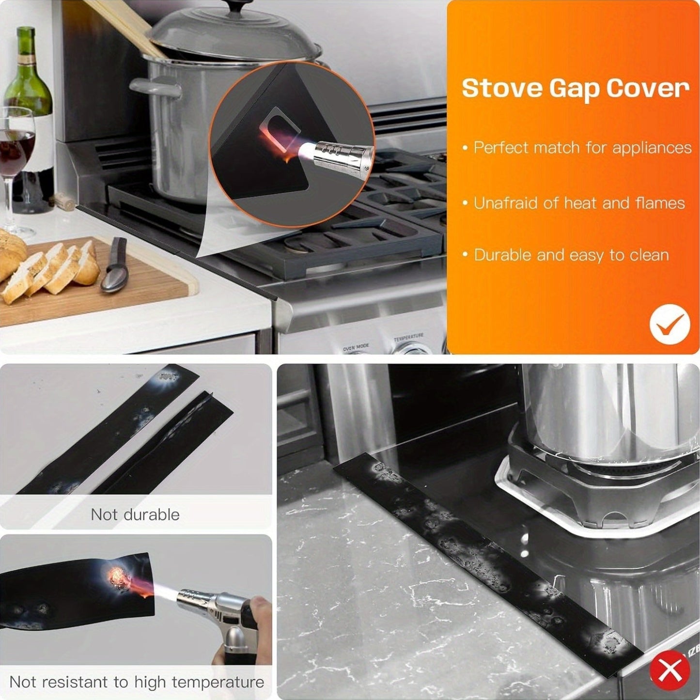 Get your hands on the 2-Pack Stainless Steel Stove Gaps Filler, a sleek Range Decor Kit that is heat resistant and easy to clean. This Extendable accessory has a length ranging from 35.05-69.85 cm and a width of 2.01 cm, making it the perfect addition to