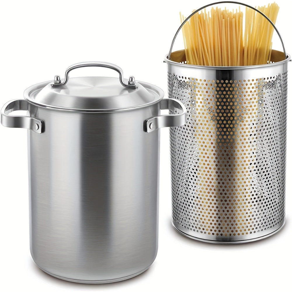 Durable Stainless Steel Steamer Pot & Pasta Cooker with Versatile 4.3L/1.14Gal Capacity and Perforated Basket - Ideal for Home Kitchens, Asparagus, Stovetop Cooking, and More - Features a Strong 3-Ply Base for Even Heat Distribution