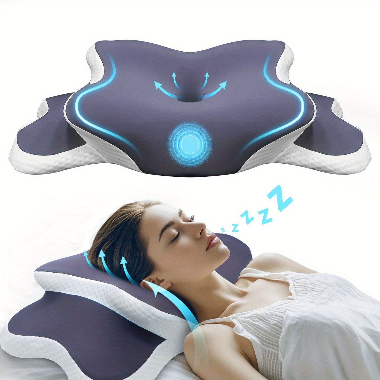 Adjustable neck pillow with ergonomic design, suitable for all sleeping positions.