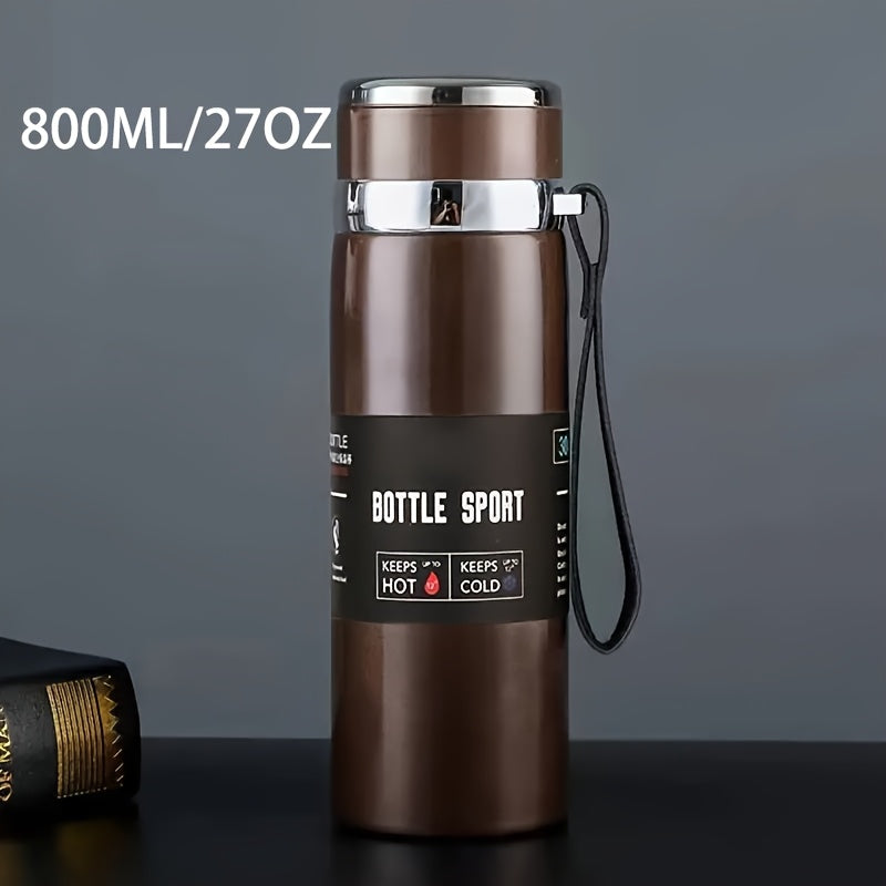 Stainless steel 1000ml vacuum insulated water bottle with portable strap, BPA-free, keeps hot/cold for sports and outdoor activities, hand wash only.