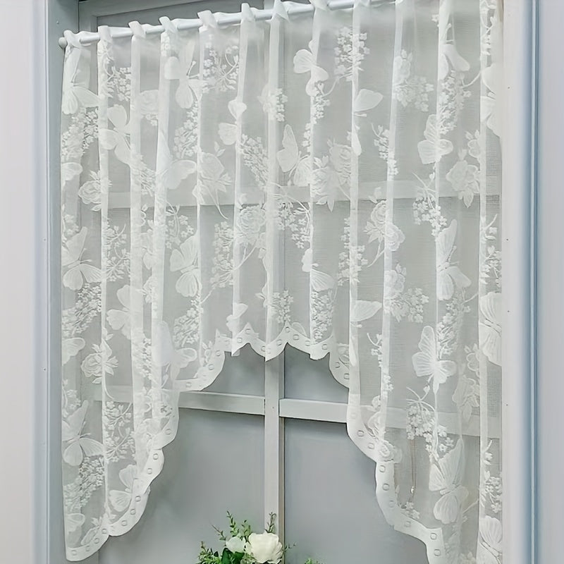 Elegant White Lace Butterfly Floral Curtain - Designed with UV Protection, Rod Pocket for Easy Hanging in Kitchen & Living Room Décor