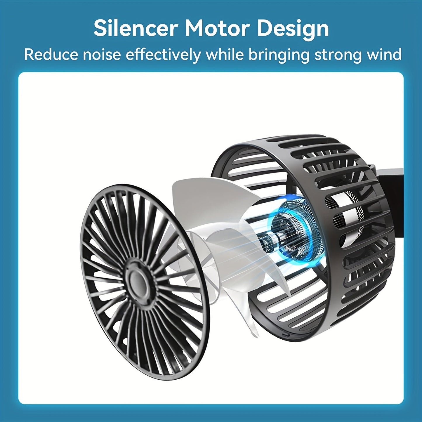 This product is a 1-piece car fan that functions as a small air conditioner. It features a double-headed rear fan that provides strong wind and can rotate 360 degrees. With a large air volume and subwoofer operation, it is equipped with a base fixed clip