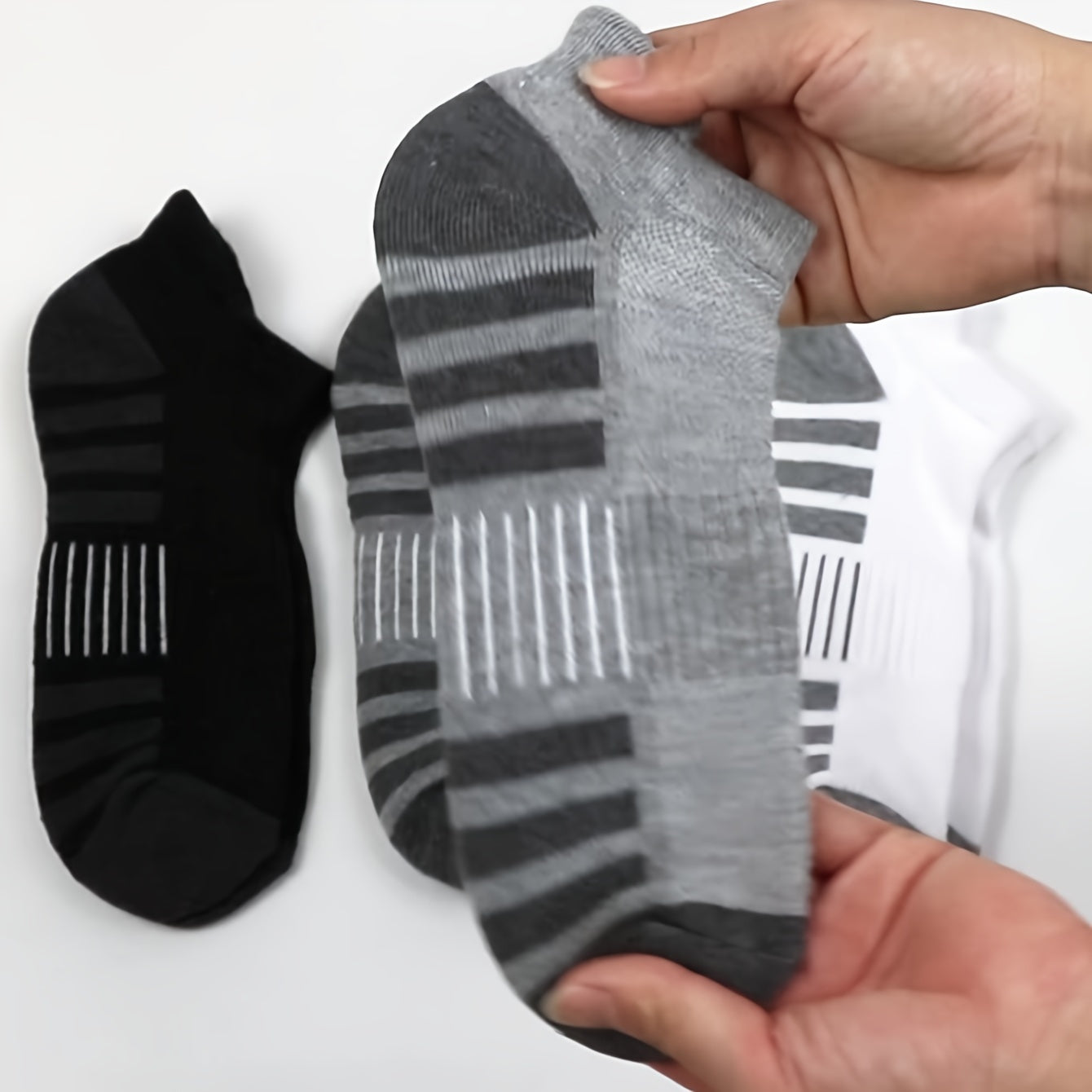 6 Pairs of Men's Crew Socks with Stripes - Casual and Comfortable, Polyester and Spandex blend, Hand wash or dry clean recommended.