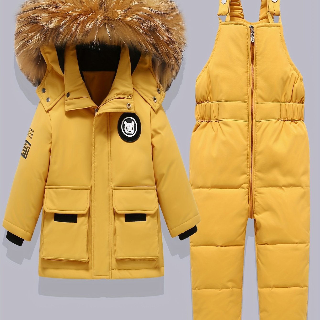 Kids Winter 2pcs Set: Girls Hooded Down Jacket and Pants in Pink, Duck Down Filled, Regular Fit, Non-Stretch Polyester, Woven Fabric, Ideal for Outdoor Activities.