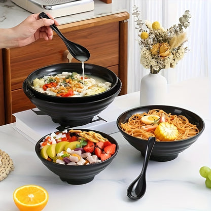 Large ramen bowl with spoon, Japanese-style, BPA-free, microwave and dishwasher safe. Perfect for home, kitchen, restaurants.