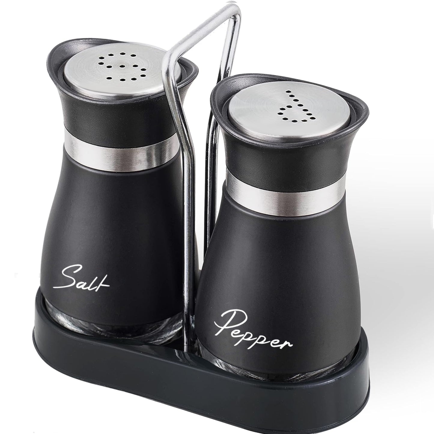 Salt and pepper shakers set with stainless steel bracket and electroplated handle, perfect for table, RV, camp, or BBQ.