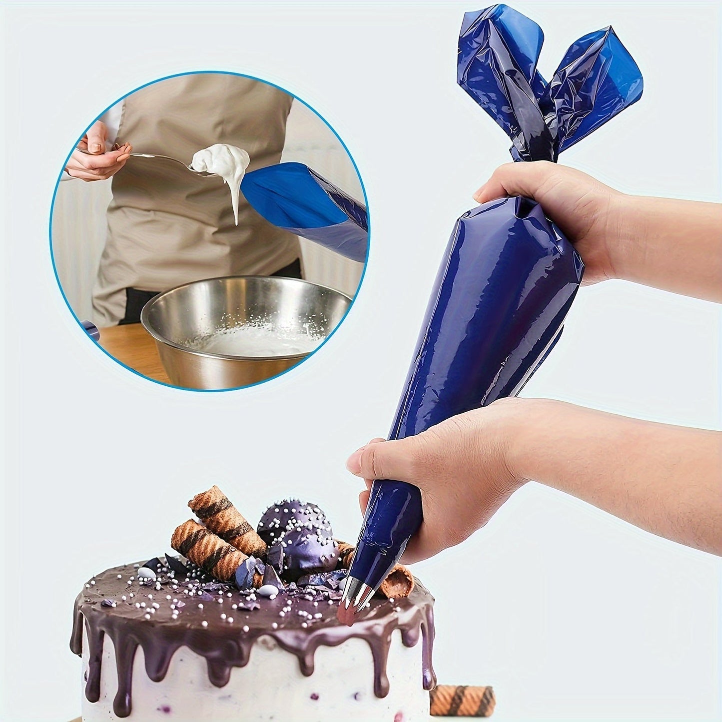 50 pieces of heavy duty piping bags (53.34cm) for icing and frosting, made of disposable thickened plastic. Perfect for DIY cookie making, cake decorating, and baking tools. These kitchen gadgets and accessories are essential items for any home kitchen.