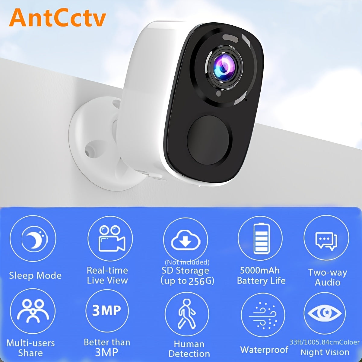 3MP outdoor wireless security camera with 5000mAh battery, cloud/SD storage (up to 256G), AI motion detection, spotlight, color night vision, WiFi two-way audio, and three days of free