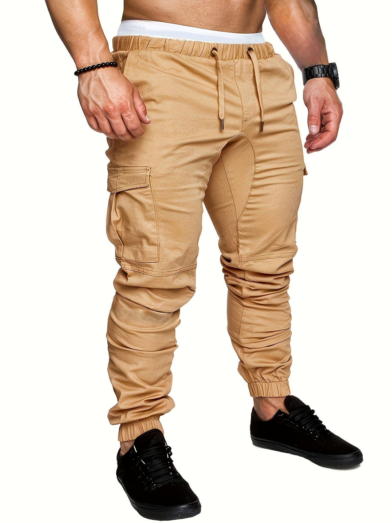 2-piece men's cargo pants set in solid color cotton with drawstring waist, regular fit, all-season wear.