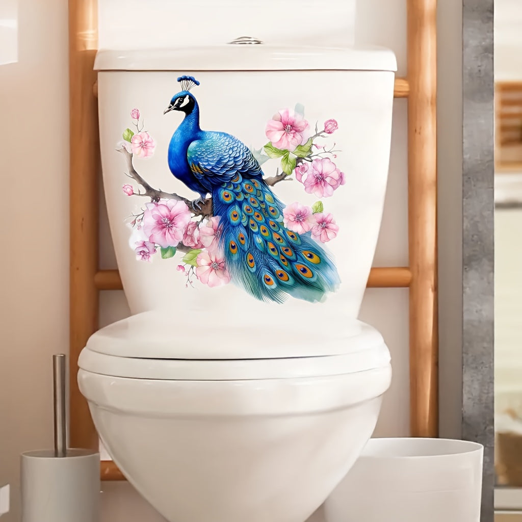 Self-adhesive PVC stickers for decorating bathroom walls, windows, and appliances with a peacock theme.