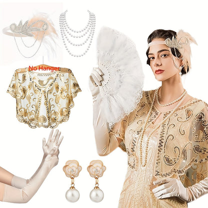 Women's Gatsby Costume Set - 1920s Flapper Accessory Kit Featuring Headband, Sequined Shawl, Beaded Earrings, Faux Pearl Necklace, Evening Satin Gloves. Perfect for Roaring 20's Parties, Weddings, and Retro Fashion Events.