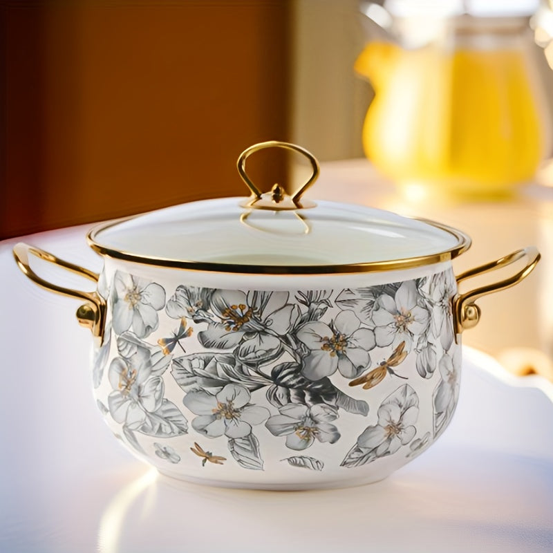 Enamel Soup Pot with Golden Trim - Featuring Dragonfly & Floral Design, Ideal for Home Cooking and Intimate Dinners