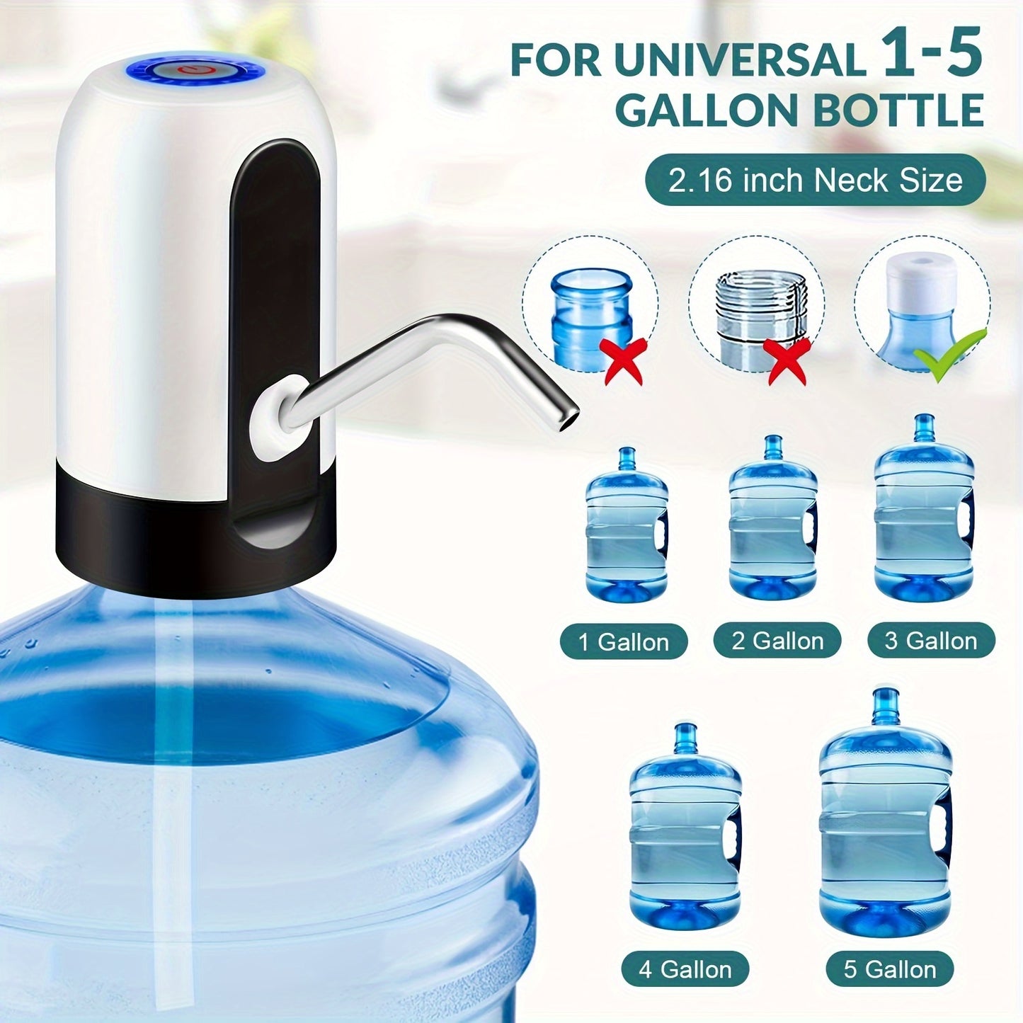 Electric water bottle pump for 11.36-18.93 L bottles with USB rechargeable lithium battery and ≤36V operating voltage. Ideal for camping.