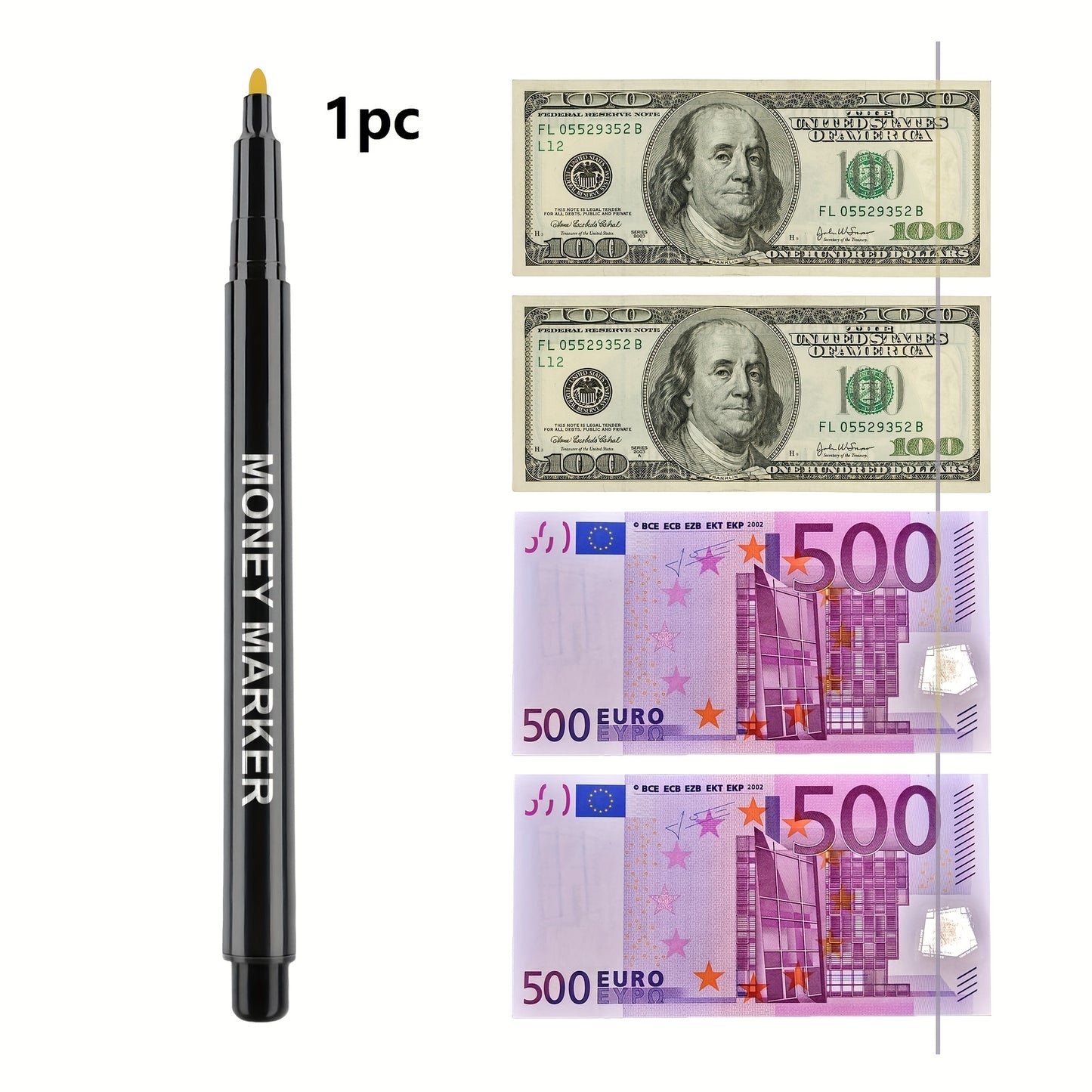 Non-electric counterfeit money marker pens with fading ink, available in 1/2/3 pack. Ideal for verifying multi-currency authenticity without batteries.