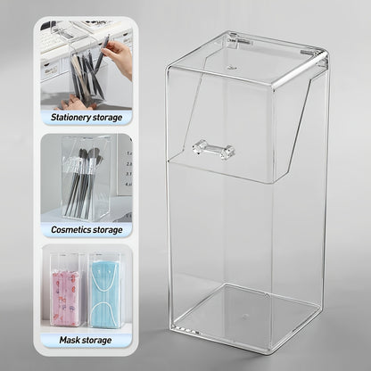 Clear acrylic desk organizer with lid for makeup brushes and pens. Transparent design for easy access and visibility. Made of clear acrylic material.