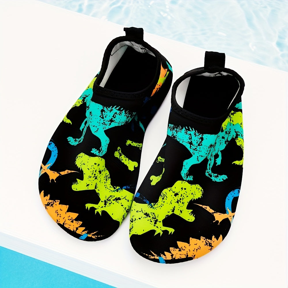 Toddler Boys Dinosaur Beach Shoes, Lightweight Water Shoes for Swimming and Surfing, in Black and Blue for Little Kids and Big Kids.