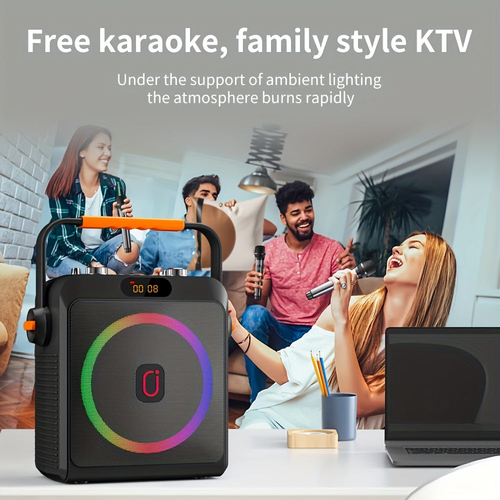 Black T19-T Karaoke Machine with 2 wireless microphones, treble/bass adjustment, human cut feature, 8 sound effects, BT/USB/SD/AUX support for parties and live streaming.