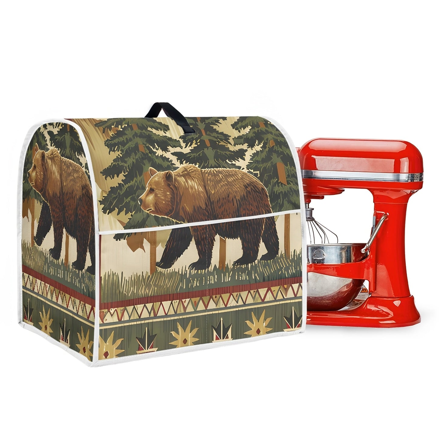 Protect your 6-8 quart stand mixer with this rustic jungle bear print dust cover. This protective cover features an accessory pocket and top handle for convenient storage and transport. Ideal for use in the kitchen or dining room.