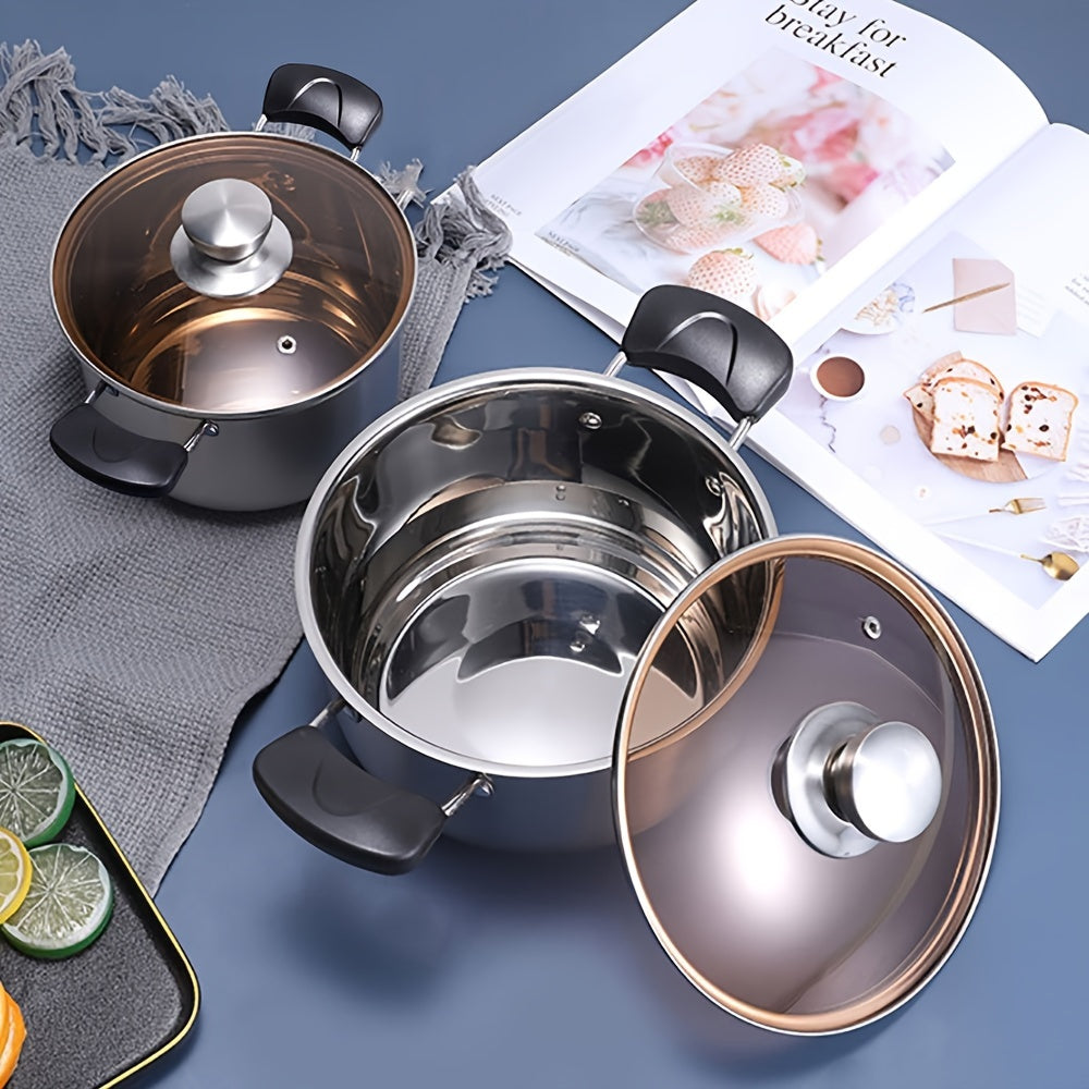 Soup pot with lid made of stainless steel - featuring dual handles, compatible with induction cooktops, and safe to use in the dishwasher for home kitchen cooking.