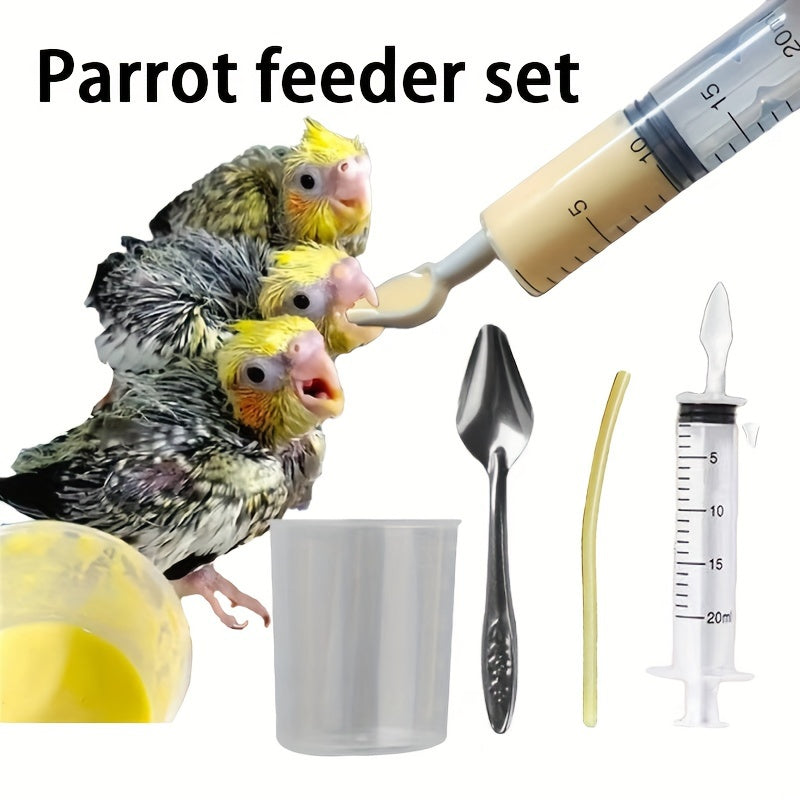 Parrot Milk Powder Feeding Tool Set for Young Tiger Peony Chicks with Syringe, Measuring Cup, and Spoon.