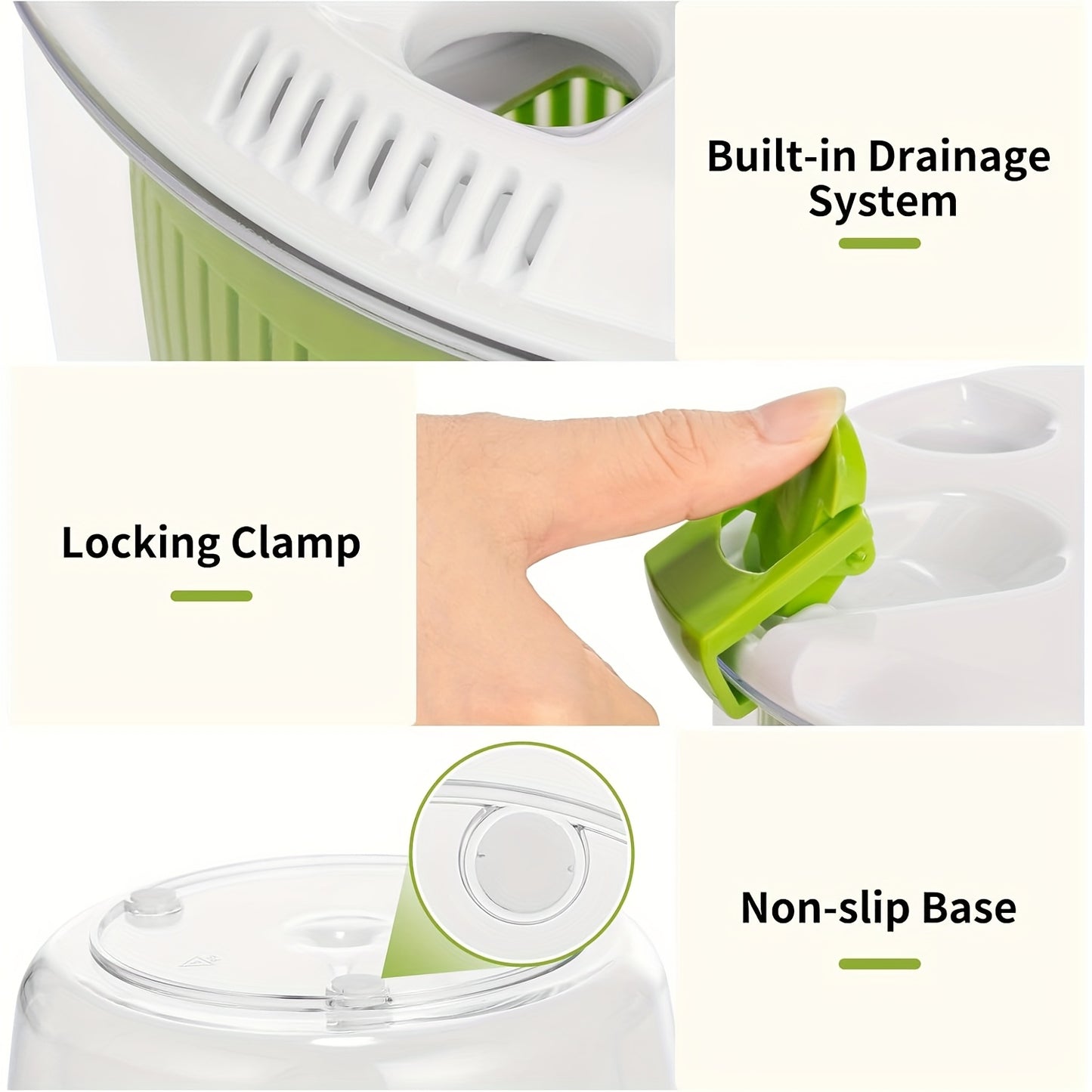 Plastic salad spinner with filter basket for drying salad, fruits, and vegetables in the kitchen. No electricity needed, includes rotating bowl and mesh basket.