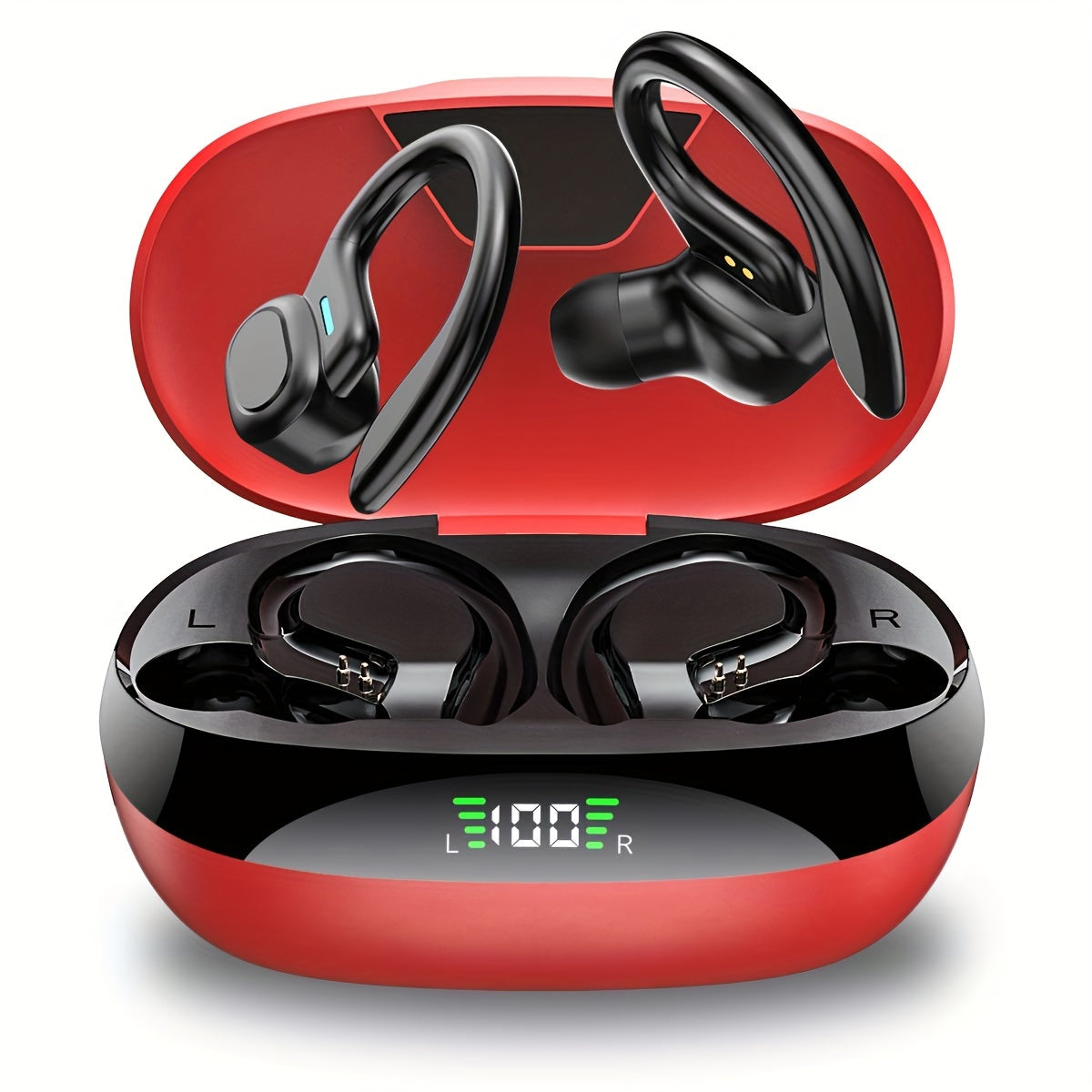 Wireless earbuds for running with earhooks, noise cancellation, LED display, bass sound, and microphone.