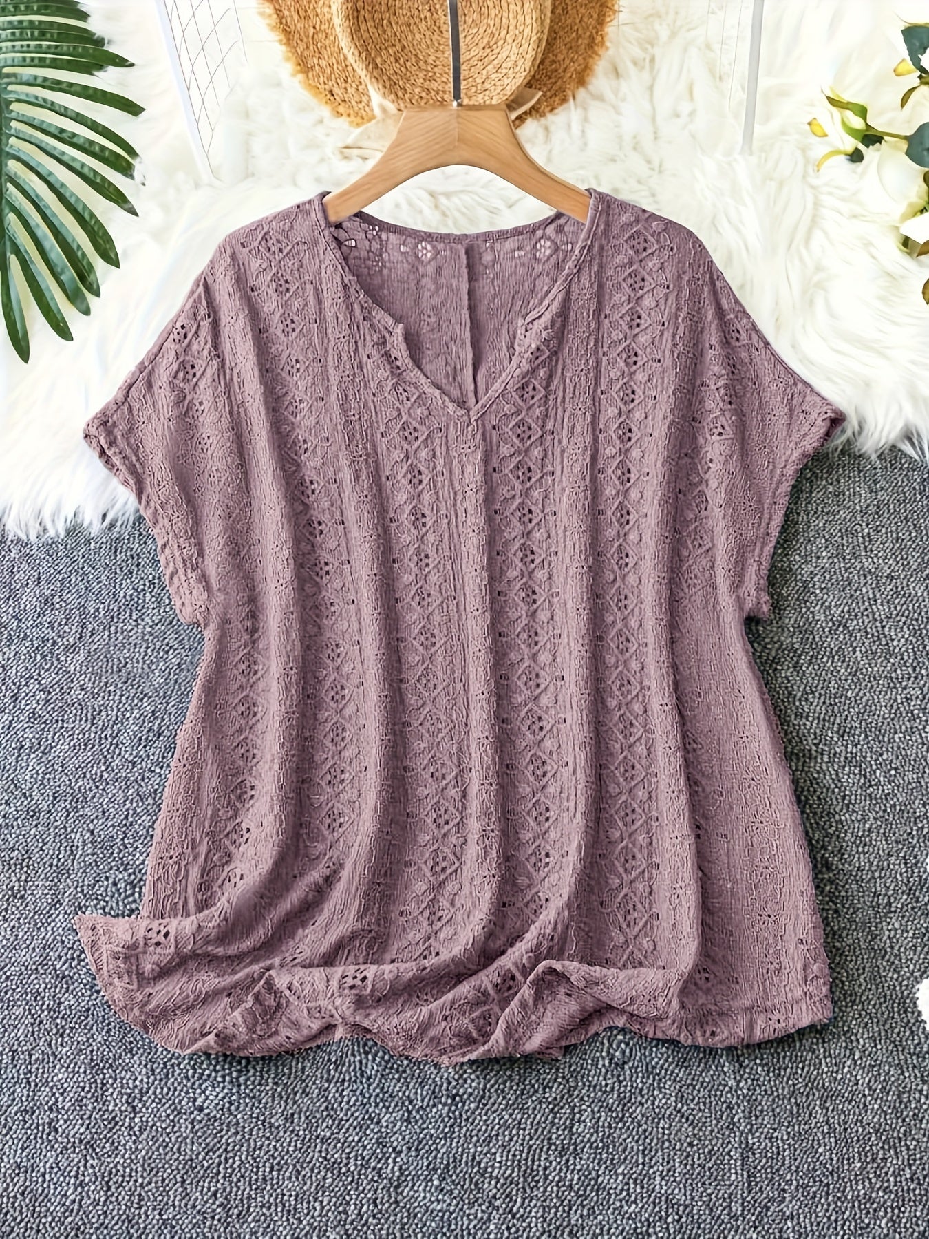 Stylish V-Neck Blouse with Batwing Sleeves in Dark Purple - Casual, Semi-Sheer Top for Any Season