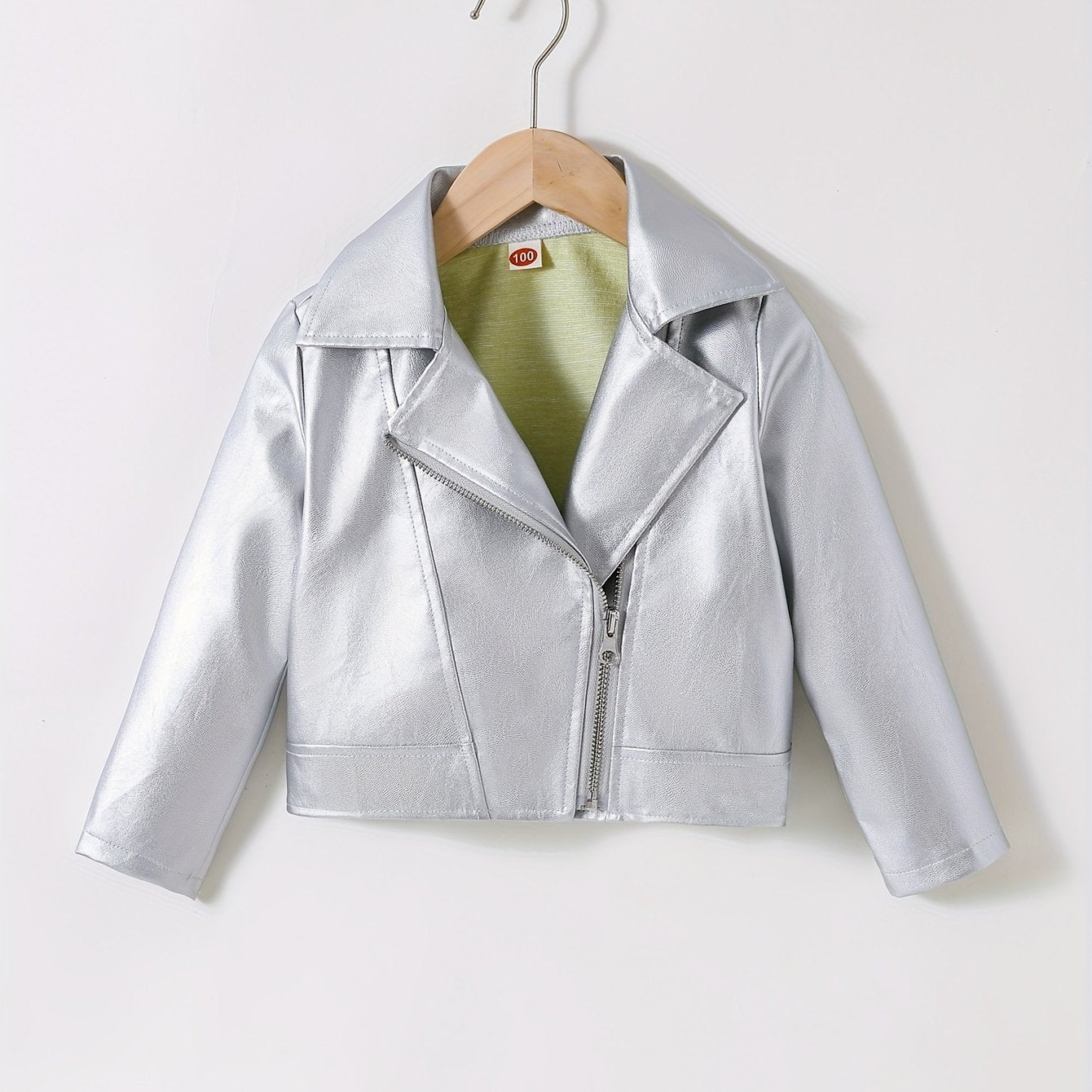 Faux leather jacket with lapel, diagonal zipper, unlined.