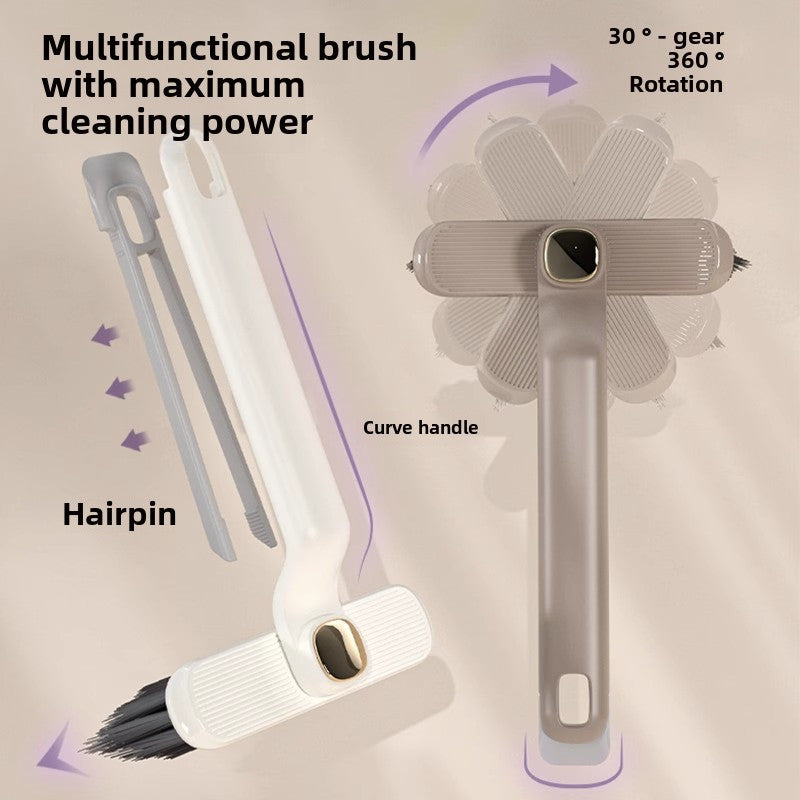 Versatile cleaning brush with rotating head for deep scrubbing in tight spaces - ideal for grout, bathrooms, kitchens, and living rooms. Features extended bristles, 3-in-1 V-shaped gap brush, no electricity required, made of durable plastic. Perfect for