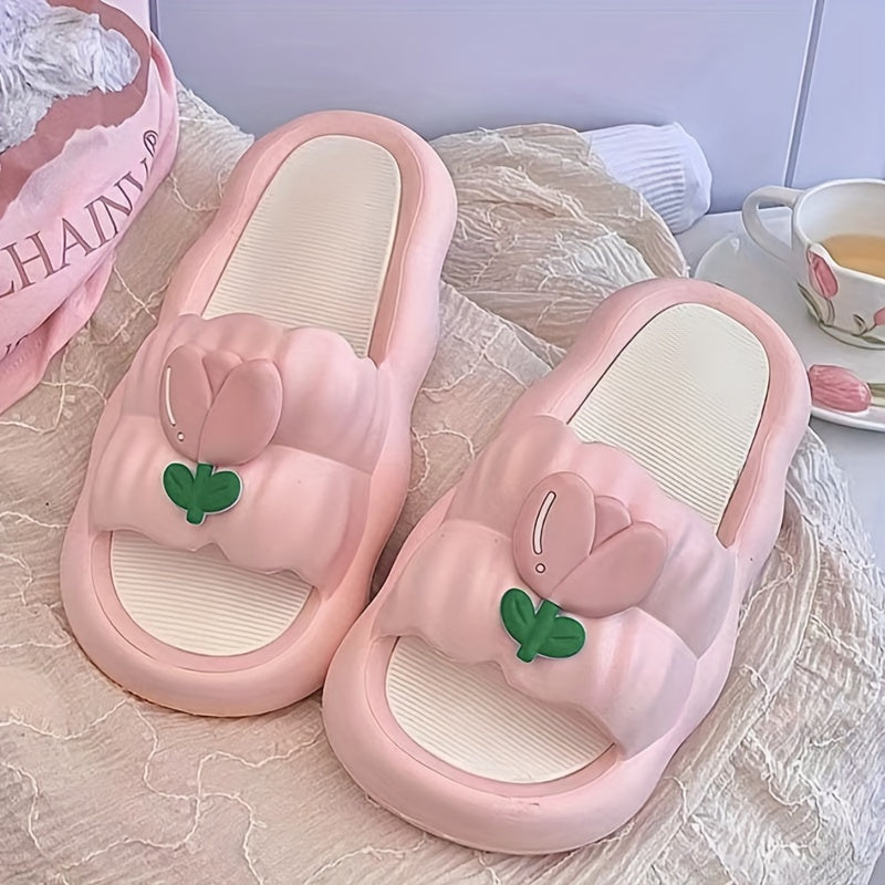 Women's cute tulip flower slides in sweet pink & white with non-slip thick sole. Hand washable PVC slippers with adorable petal design. All-season comfort shoes. Durable and slip-resistant